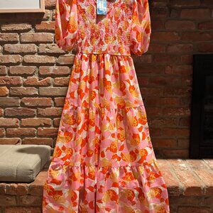 NWT Sissyaki Women's Size Small - Summer Boho Floral Print Dress - Orange Pink